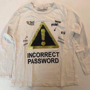 ZARA KIDS “INCORRECT PASSWORD” REVERSIBLE SEQUINS LONG SLEEVE TEE SHIRT SIZE 7